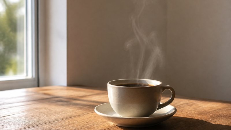 A cup of black coffee beside citrus on a counter