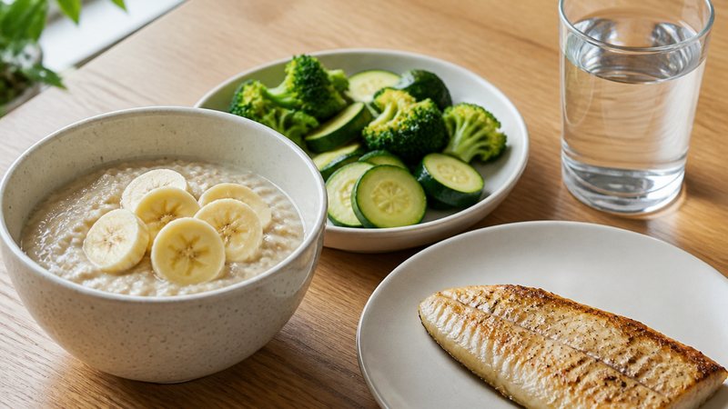 Oatmeal, banana and vegetables on a table