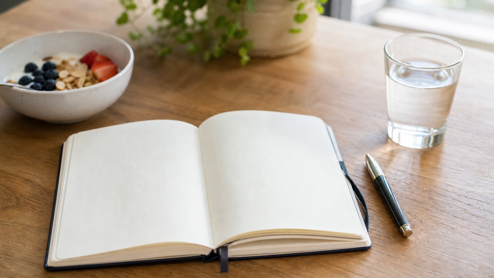An open notebook food-and-symptom diary beside a phone, a cup of coffee and a plate of food on a kitchen table