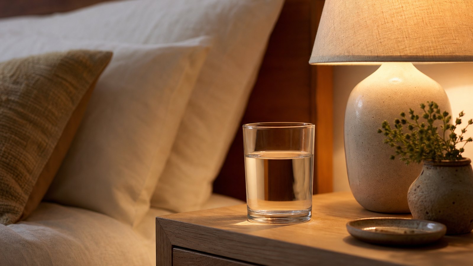 A calm bedroom nightstand at dusk with a glass of water and a soft lamp