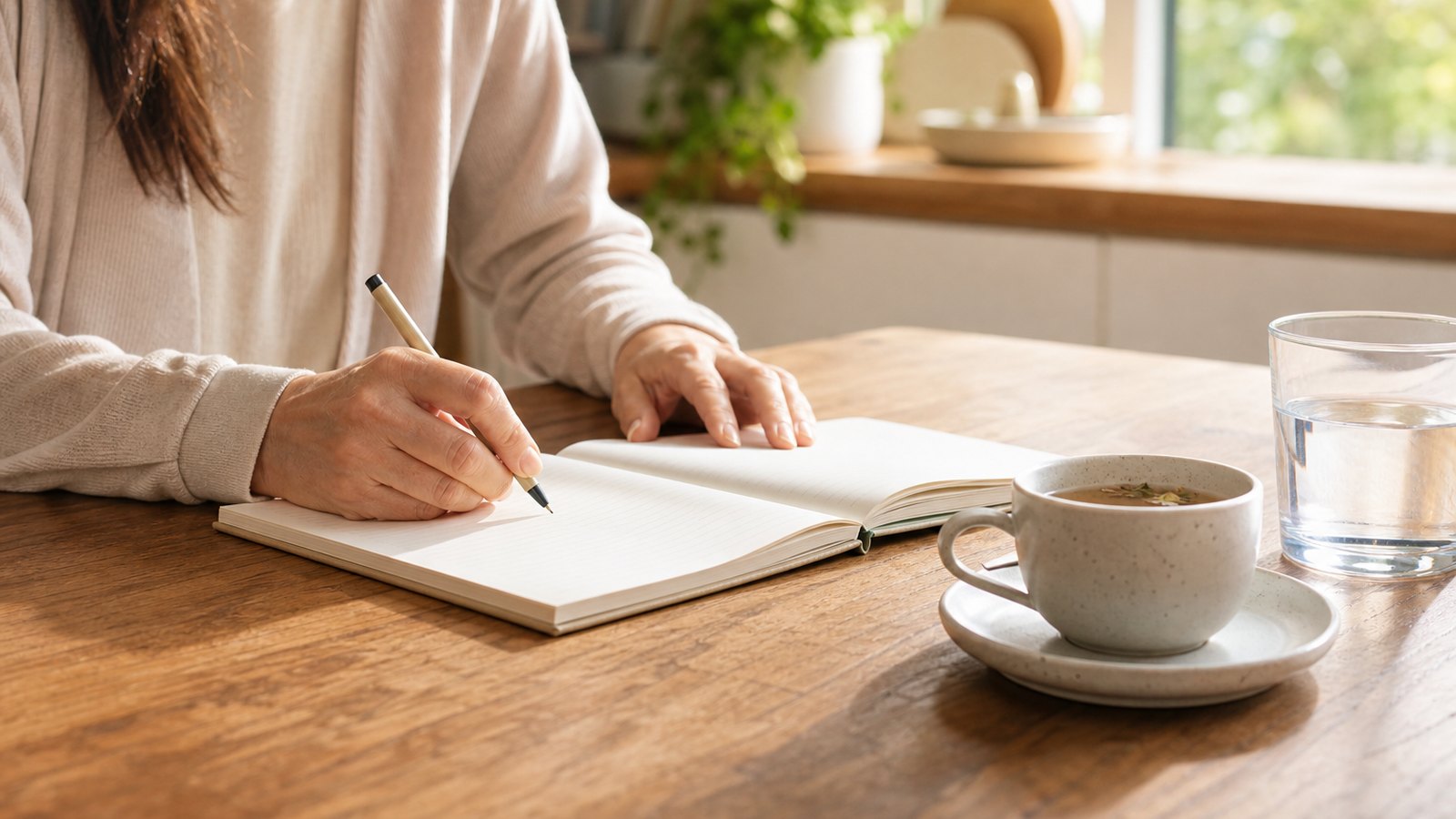 A person writing in a symptom journal at a kitchen table with tea and a glass of water